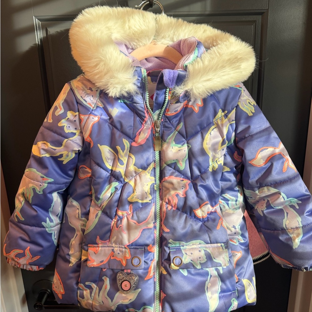 Obermeyer Kids Puffer Jacket with Faux Fur Hood - Purple and Multicolor